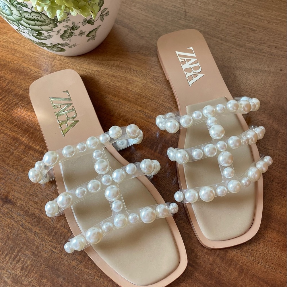 Zara Cream Pearl Embellished Sandals size 38
